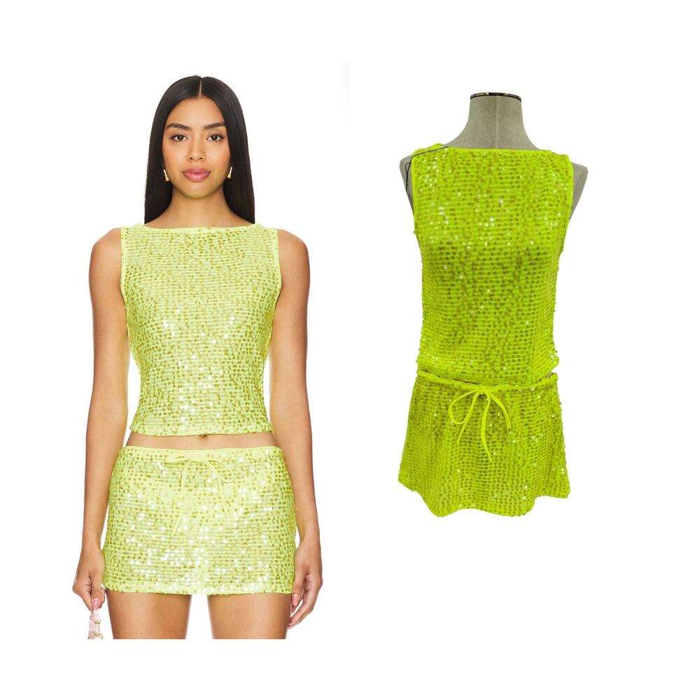 Lovers + Friends Erin Sequin Crop Top Mini Skirt Set Lime Green NWT Size Small